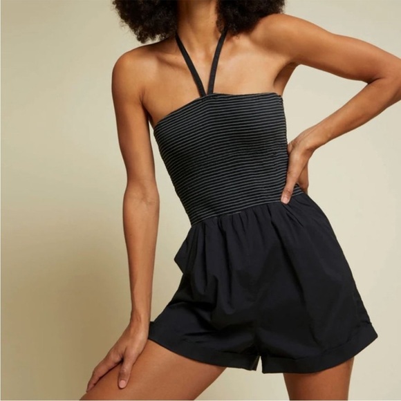 Nation LTD Smocked Stripe Blondie Cotton Poplin Halter RomperBlackMedium